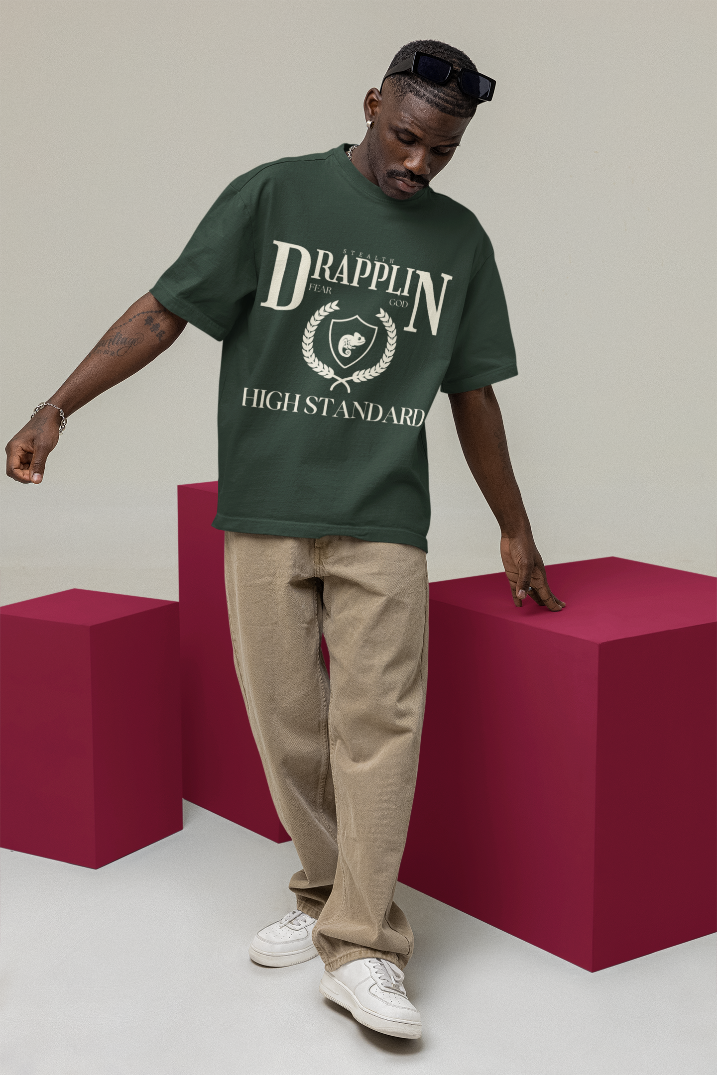 Drapplin Standard Premium Forest Green Oversized Printed T-shirt