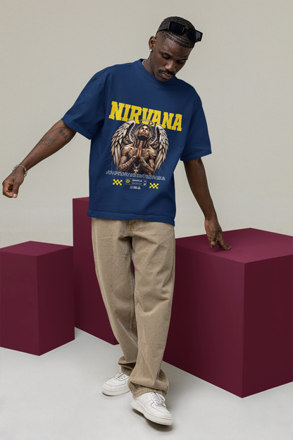 Nirvana Premium Navy Blue Oversized Typography T-shirt