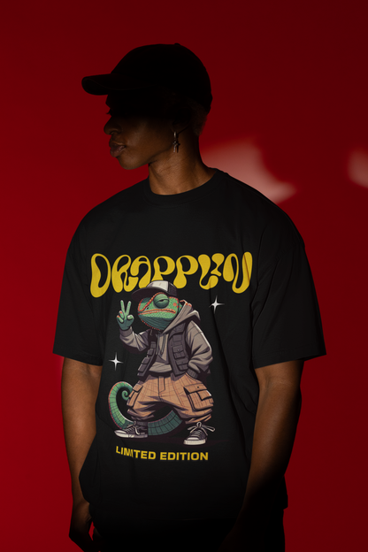 Drapplin Chameleon Premium Black Oversized Printed T-shirt